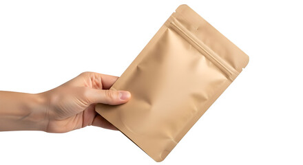 A hand holding a brown paper pouch with a resealable zipper on a black background