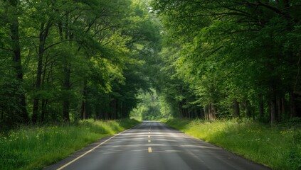 Obraz premium Tree-lined asphalt road in a forest setting, suitable for environmental signage or nature-themed layouts
