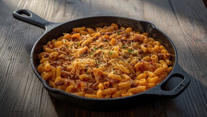 Frying pan filled with cheeseburger mac and cheese featuring macaroni, melted cheese, ground beef, and vegetables, emphasizing comfort food preparation