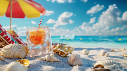 Ice cube relaxing on a beach, melting under the sun, humorous concept