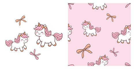 Cute unicorn illustration set with smiling characters and ribbon elements in soft pink pastel tones, including seamless pattern design for nursery decor, fabric prints, stationery. © Thanawat