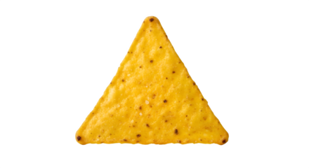 A single triangular yellow tortilla chip against a black background