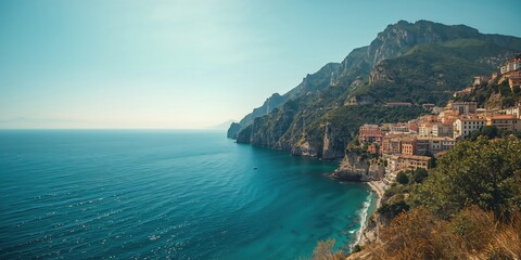 Coastal scene with rocky shoreline and mountain backdrop under blue sky, highlighting natural erosion processes
