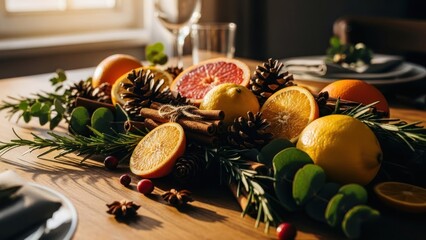 Warm centerpiece citrus fruits, greenery, pine cones, cinnamon on wood table