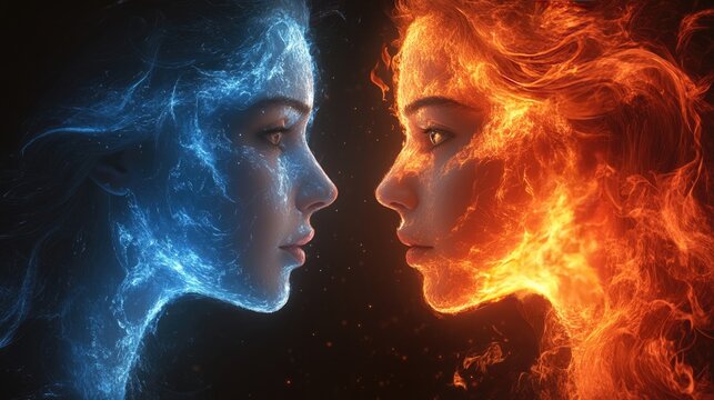 Fire and ice, hot and cold concept. Peace and War, Joy and Sorrow, Truth and Lies, Beauty and Ugliness.