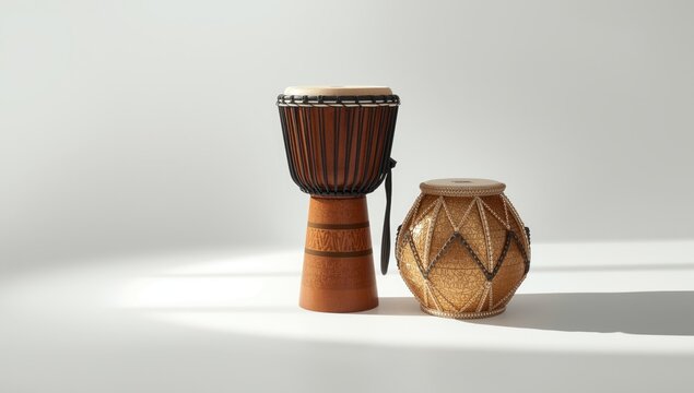 Djembe drum and Cabasa percussion instruments on white surface, musical play and rhythm creation