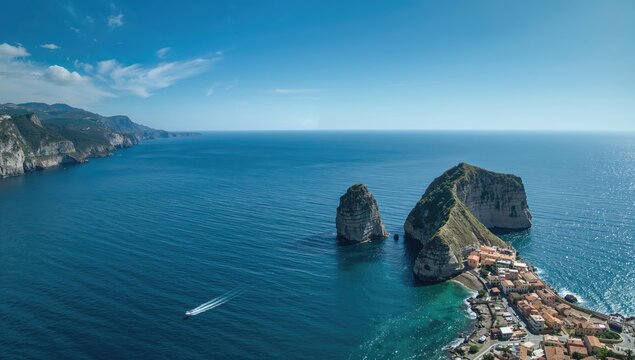 Birds-eye view of a seaside town with rugged coastline and colorful buildings, illustrating Mediterranean architecture, World Tourism Day