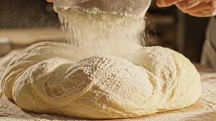 Closeup shot of a skilled bakers hands meticulously sifting fresh white flour over a beautifully risen braided dough preparing it for baking in a rustic kitchen setting highlighting the traditional a.