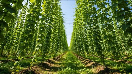 Lush green hop vines growing tall in vertical rows on a sunny day at a hop farm, creating a natural tunnel effect