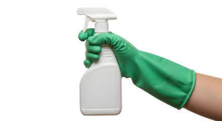 A gloved hand holding a white spray bottle against a black background