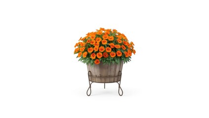Vivid orange blossoms arranged in a rustic wooden barrel planter on a metal stand, ideal for garden decor