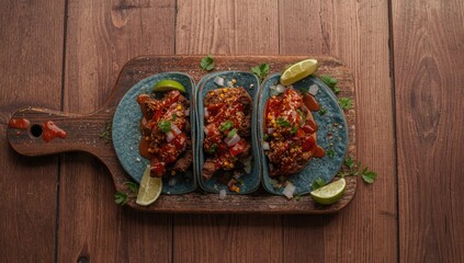 Traditional Mexican tacos with mixed meats and lime on a rustic wooden surface, highlighting street cuisine style