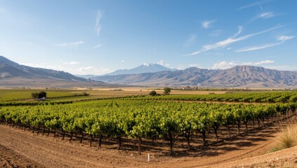 Fototapeta premium Grape fields nestled in Bolivias Tarija Valley with mountainous scenery, focusing on sustainable farming practices