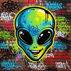 Obraz premium Cartoonish extraterrestrial head depiction with vibrant colors painted onto a textured brick wall covered in various tags