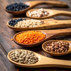 Fototapeta premium Wooden spoons with various dry legumes & seeds against a dark wooden backdrop, offering a textured, rustic ambiance