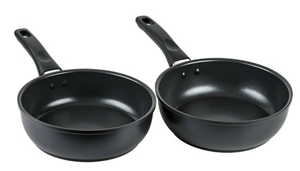 Two black non-stick frying pans with long handles sit side-by-side on a plain background