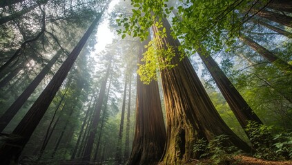 Redwood trees in Muir Woods, California, highlighting seasonal changes and natural erosion risk