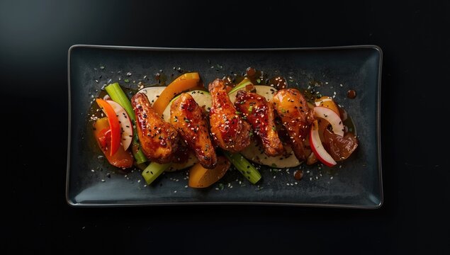 Cooked teriyaki chicken wings with black sesame seeds and vegetables arranged on a dark surface, suitable for menu layout, World Food Day