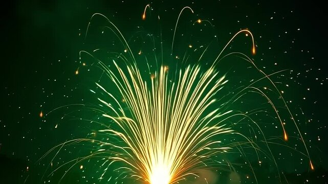 Dynamic strands explode fiber thread mesh, spiraling into vibrant patterns against a green background, with sparkling dust swirling in a festive, celebratory scene at night.