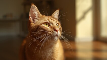 Ginger cats face in detailed focus with an attentive expression, highlighting fur pattern and eye color, neutral setting