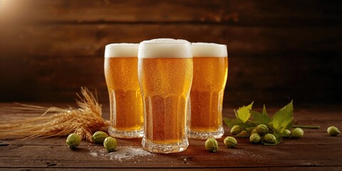 Beer glasses alongside wheat and hops on a rustic wooden surface, illustrating brewing components