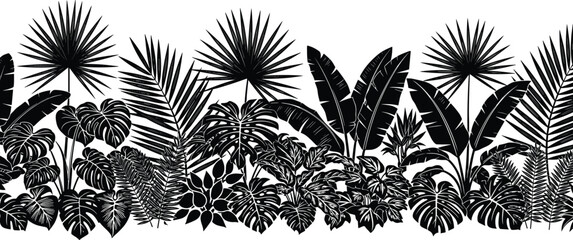 Tropical plant silhouette vector illustration, exotic foliage leaves banana palm philodendron design, botanical nature artwork, black and white decorative jungle collection © Shafik Creatives