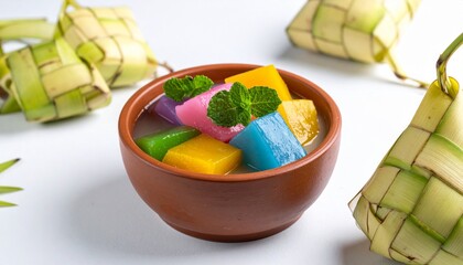 Colorful traditional desserts in a bowl with leaf-wrapped snacks