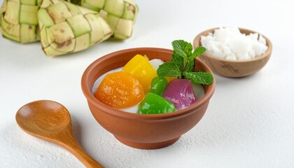 Colorful traditional dessert in clay bowl with coconut and wooden spoon