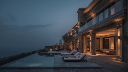 Obraz premium Luxurious villa facade showcasing warm lighting, refined finishes, and inviting outdoor areas, highlighting opulent architecture