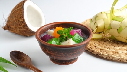 Colorful traditional dessert with coconut in bowl