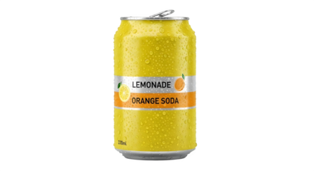 A cold can of orange soda with lemonade flavor on a black background