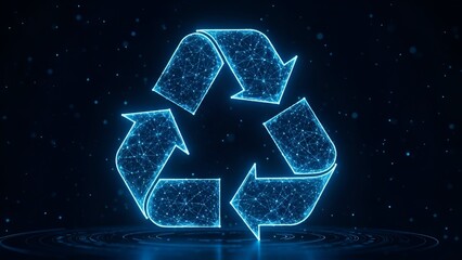 Abstract blue digital recycling symbol glowing in a dark network background, representing sustainable technology and environmental innovation