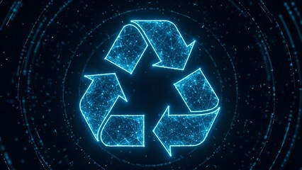 Futuristic Blue Recycling Symbol Crafted from Digital Network Lines, Embodying Sustainable Technology and Eco-Friendly Innovation
