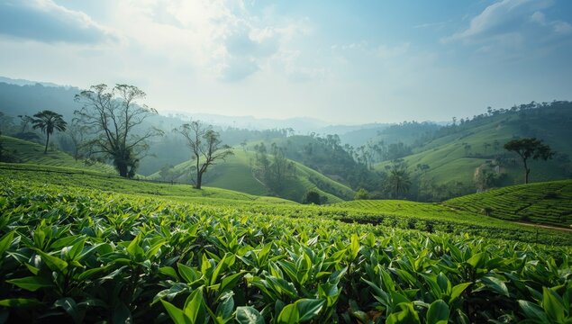 Hilly tea estate with dense foliage, serving as a natural backdrop for editorial headers