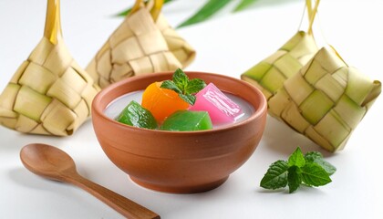 Colorful traditional dessert with coconut milk and ketupat