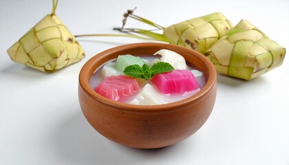 Traditional Indonesian dessert with colorful jellies and ketupat in coconut milk