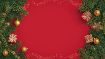 Festive holiday arrangement featuring fir and spruce branches, yellow ornaments, gift boxes, and cookies on a red backdrop, seasonal observance