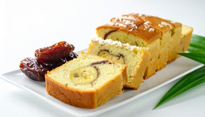 Delicious banana bread with dates and coconut flakes on white plate