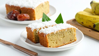 Coconut-topped cake with dates and bananas on white plate