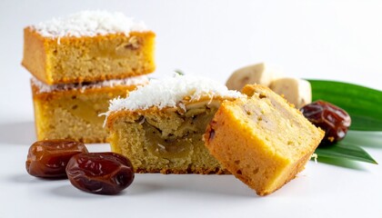 Delicious coconut cake with dates and banana slices