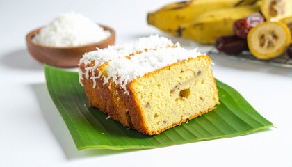 Delicious slice of coconut cake with banana and date in background