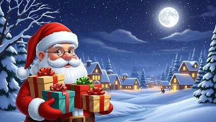 Santa claus delivering gifts on a snowy christmas night