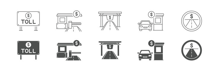  Road Toll Icons Set, Highway Payment and Booth Symbols, Road Fee Collection and Transportation Concept, Vector Illustration