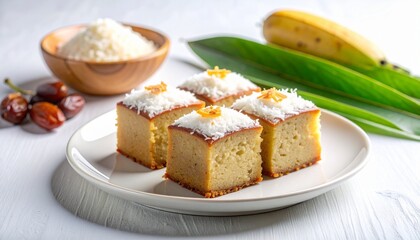 Coconut-topped cakes with dates and banana on white plate