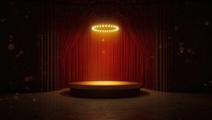 Stage setup featuring red curtains and focused lighting, designed for theatrical or event backdrop purposes, World Theatre Day