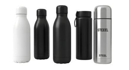 A row of insulated stainless steel water bottles in different colors and designs on a black background