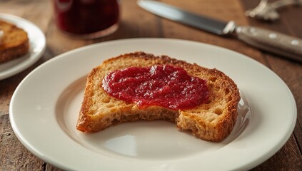 Bread with jam and a bitten section, snack preparation for food styling