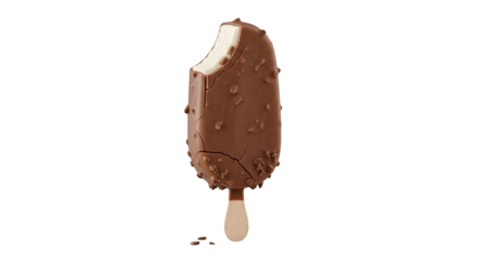 A chocolate ice cream bar with a bite taken out of it stands alone on a black background