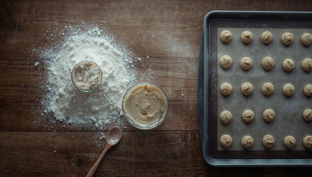 Baking scene with raw cookie dough, bowls of flour, and cookie sheet, focusing on baking activity