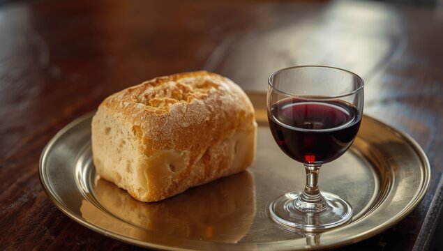 Detailed view of bread and wine in a Christian communion setting, highlighting spiritual significance and tradition